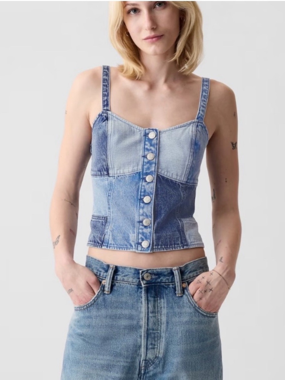GAP Two-Tone Denim Patchwork Tank Top - Light & Dark Blue